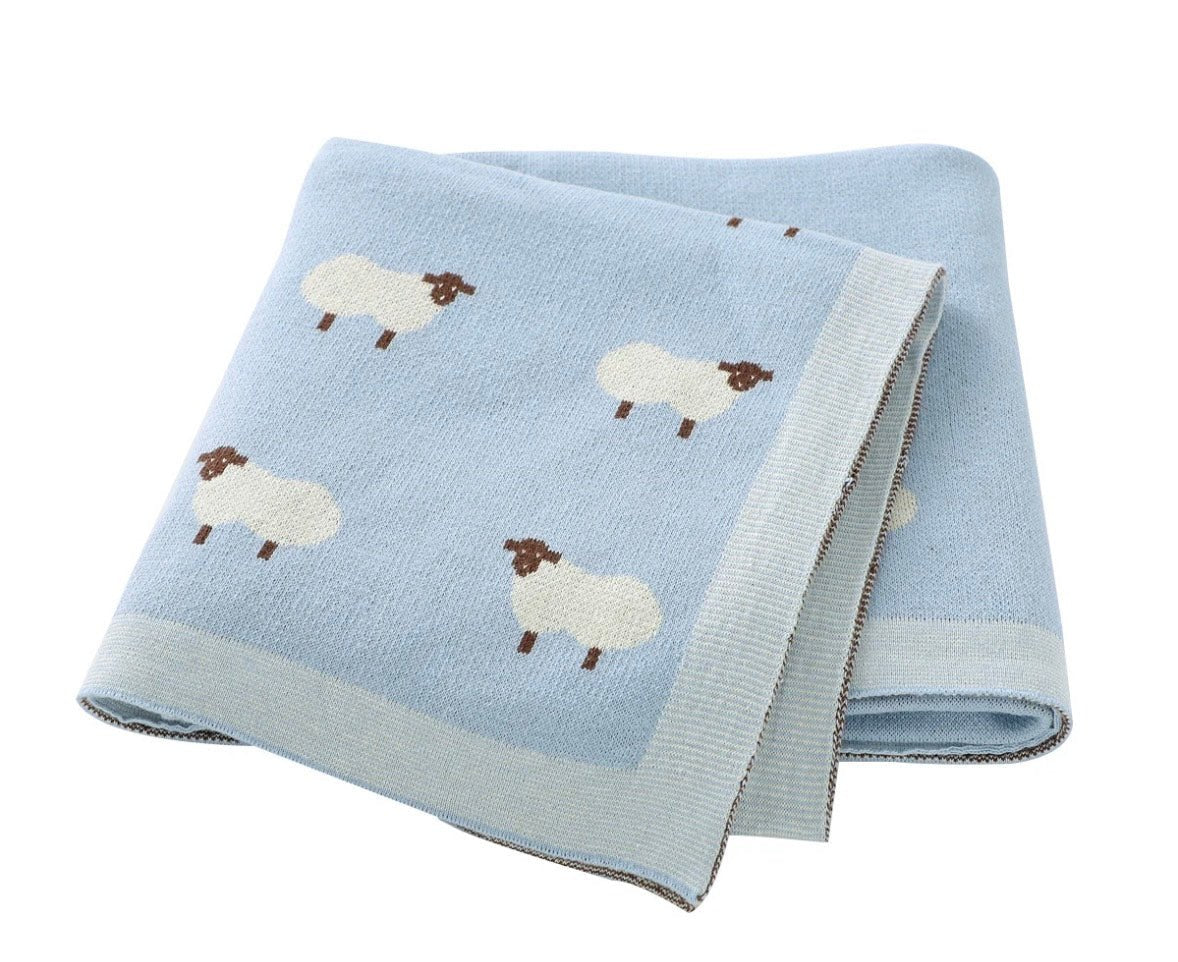 Blue Pepper Tree Kids Sheep Blanket - 100% Knitted Cotton - Pepper Tree Kids