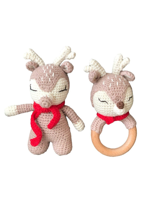 Red Crochet Reindeer Doll & Rattle - Pepper Tree Kids - Pepper Tree Kids